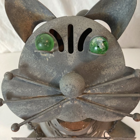 Steampunk Cat Welcome Art Metal Cat  Lantern Welded W/ Green Glass Eyes - Picture 3 of 16